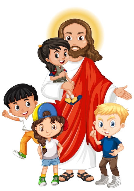 Jesus mit einer kindergruppen-zeichentrickfigur