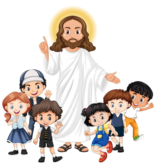 Jesus mit einer kindergruppen-zeichentrickfigur