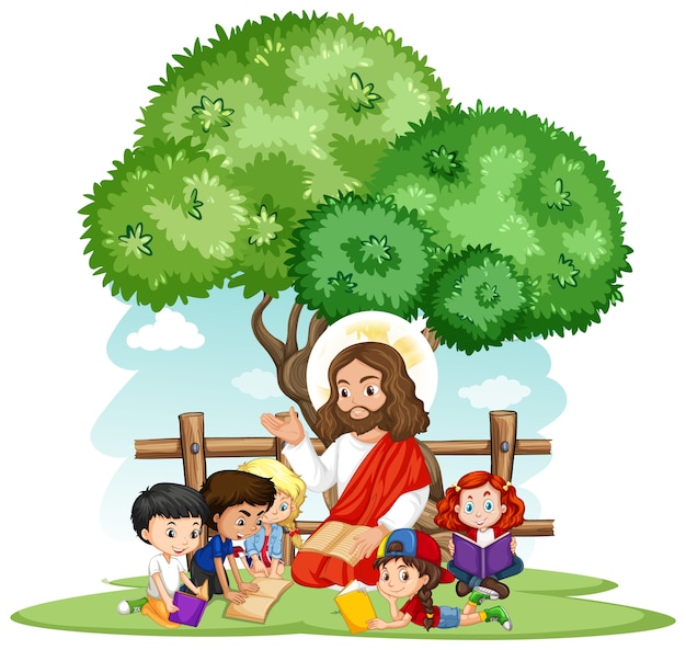 Kostenloser Vektor jesus predigt zu einer zeichentrickfigur einer kindergruppe