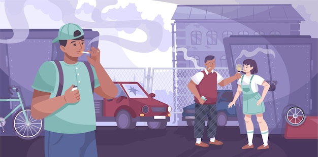Kostenloser Vektor jugendliche rauchen flache komposition mit benachteiligter bezirkslandschaft und charakteren von jugendlichen, die zigaretten auf backstreet-illustration rauchen