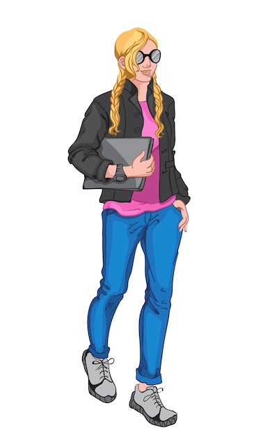 Kostenloser Vektor junge blonde frau, die rosa bluse, schwarze jacke, sonnenbrille, uhr, blaue jeans, graue turnschuhe trägt und einen laptop hält