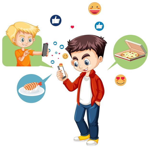 Junge, der Smartphone mit Emoji-Symbol lokalisiert auf weißem Hintergrund verwendet