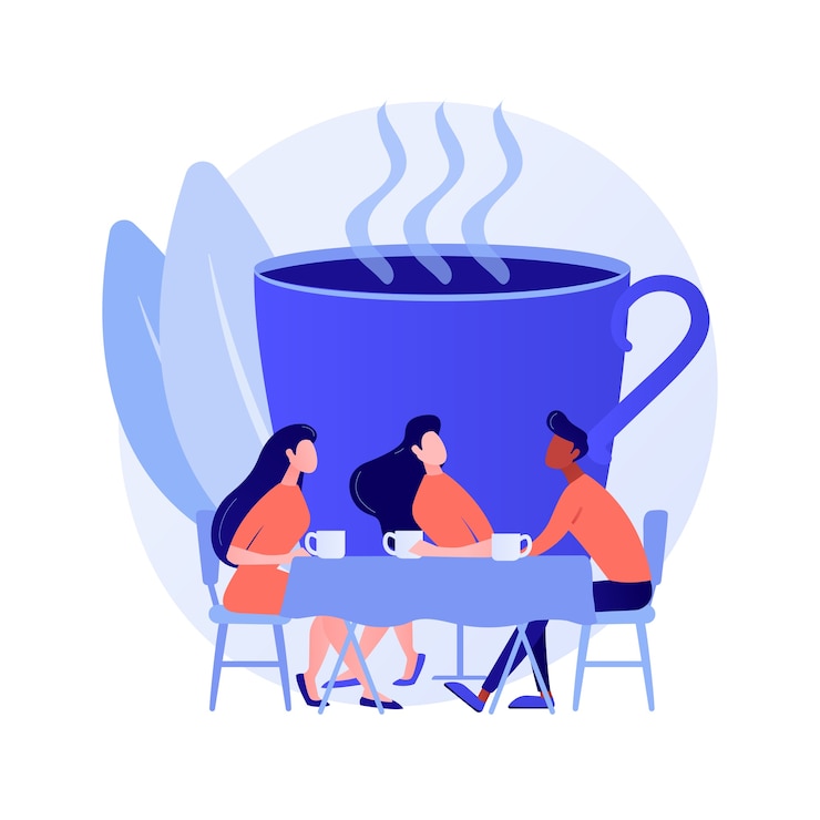 Junge Erwachsene, Kollegen in der Arbeitspause. Freundeskreis, Mitarbeiterkommunikation, freundliches Gespräch. Leute, die Kaffee trinken und reden. Vektor isolierte Konzeptmetapherillustration