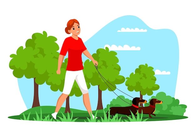 Kostenloser Vektor junge frau haustierbesitzerin, die mit hunden an der leine im freien im park spazieren geht aktives hündchen, das im wald mit baum und grün spielt