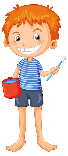 Junge lächelt nach dem zähneputzen mit tasse und zahnbürste
