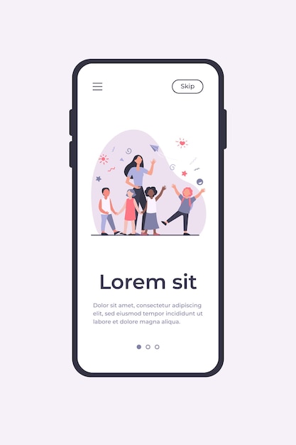 Junge lehrerin mit freudigen kindern lokalisierte flache vektorillustration mobile app-vorlage. cartoon glückliche kinder im kindergarten oder in der schule. pädagogik- und bildungskonzept