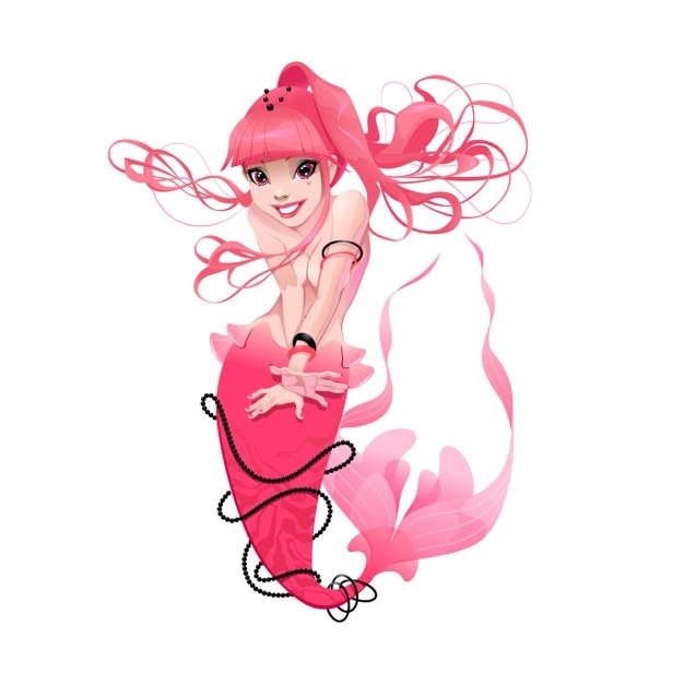 Kostenlose Vektor junge meerjungfrau in rosa funny cartoon und vektor mythologischen charakter