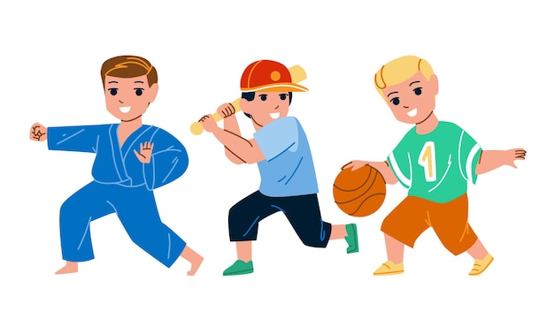 Kostenloser Vektor jungen kinder spielen und trainieren sportspiel. kleine schüler trainieren karate, spielen baseball und basketball sportspiel mit ball