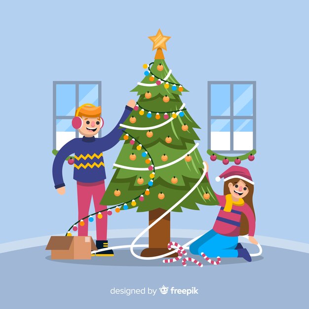 Jungen Und Madchen Schmucken Weihnachtsbaum Kostenlose Vektor