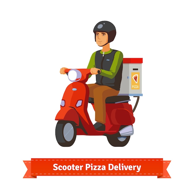 Junger Mann auf einem Roller liefern Pizza