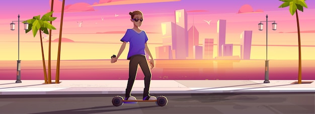 Junger mann fährt hoverboard im stadtpark bei sonnenuntergang stadtbildhintergrund mit wolkenkratzern und palmen an der meeresbucht. zeichen verwenden umweltfreundliches fahrzeug, outdoor-aktivitäten, cartoon-vektorillustration