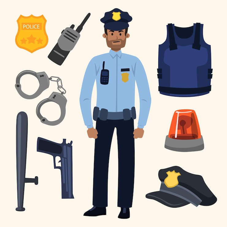 Kostenlose Vektor junger polizist in uniform mit objektelement in arbeit
