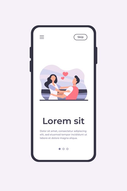Junges glückliches Paar, das einander umarmt. Freundin, Datum, See flache Vektorillustration. Mobile App-Vorlage für Beziehung und Liebeskonzept