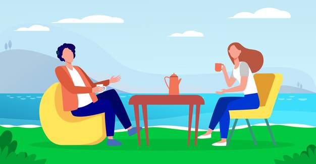 Junges Paar, das Kaffee am Seeufer trinkt. Paar Mann und Frau, die flache Vektorillustration im Freien datieren. Romantisches Treffen, Romantik, Urlaub