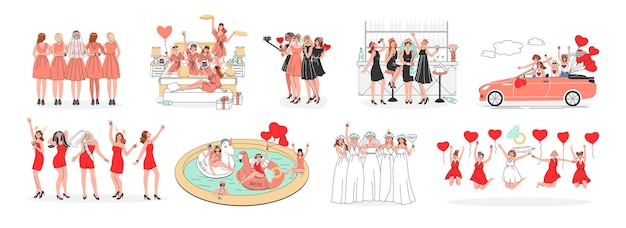 Junggesellenabschied flache Reihe von weiblichen Charakteren, die Hochzeitsabend mit Braut und ihrem Team feiern, isolierte Vektorillustration