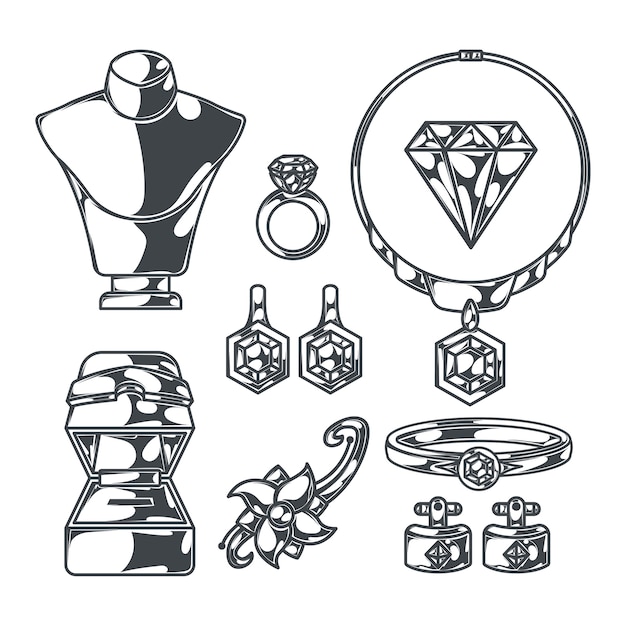 Kostenloser Vektor juwelier-satz von isolierten monochromen bildern mit menschlich geformten körperschaufensterpuppen mit schmuckringen und diamanten