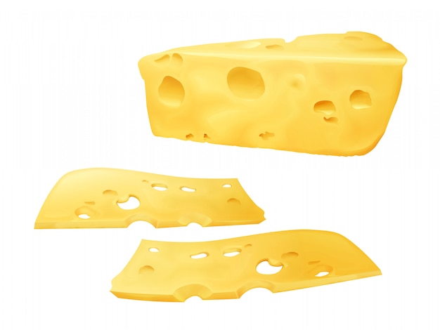 Käsescheiben 3D-Illustration von geschnittenem Emmentaler oder Cheddar und Edamer Käse mit Löchern.