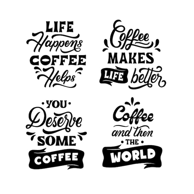 Kostenloser Vektor kaffee-aufkleber-set mit schwarzem schriftzug