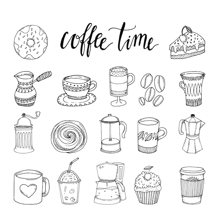 Kostenlose Vektor kaffee hand gezeichnete monochrome elemente set