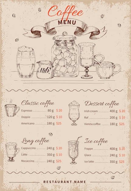 Kaffee Hand gezeichnetes Restaurant Menü