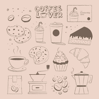 Kaffee- und kuchendesign-doodle-vektor-set