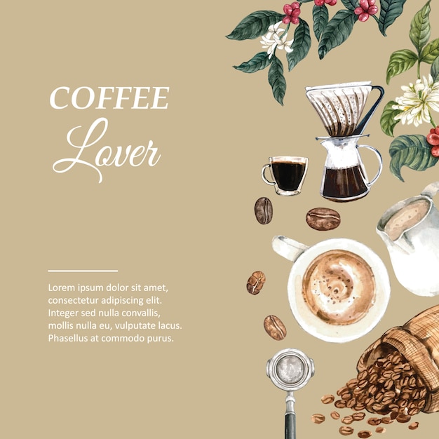 Kostenloser Vektor kaffeearabica-bohnentasche mit kaffeetasse americano, zimtkaffeemaschine-aquarellillustration