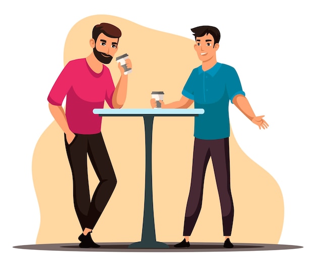 Kostenloser Vektor kaffeepausenkonzept zwei männer stehen am tisch im café und entspannen sich in der cafeteria freunde oder kollegen, die sich im bistro treffen und getränke trinken, kommunizieren zeitvertreib miteinander