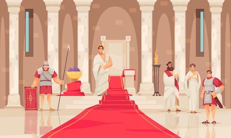 Kostenlose Vektor kaiser und sein thron im alten rom-schlosskarikatur