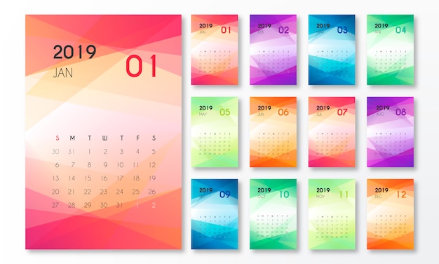 Kostenloser Vektor kalender 2019 mit abstrakten formen