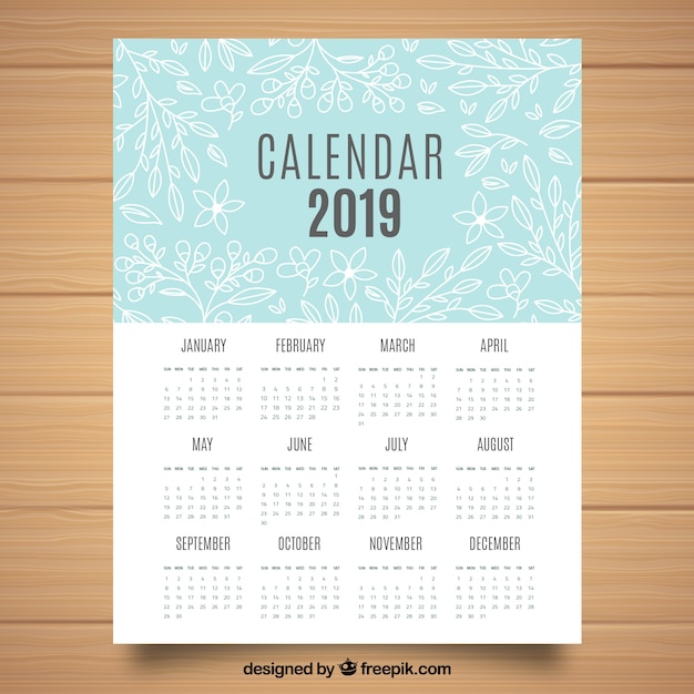 Kostenloser Vektor kalender 2019 mit blumenelementen