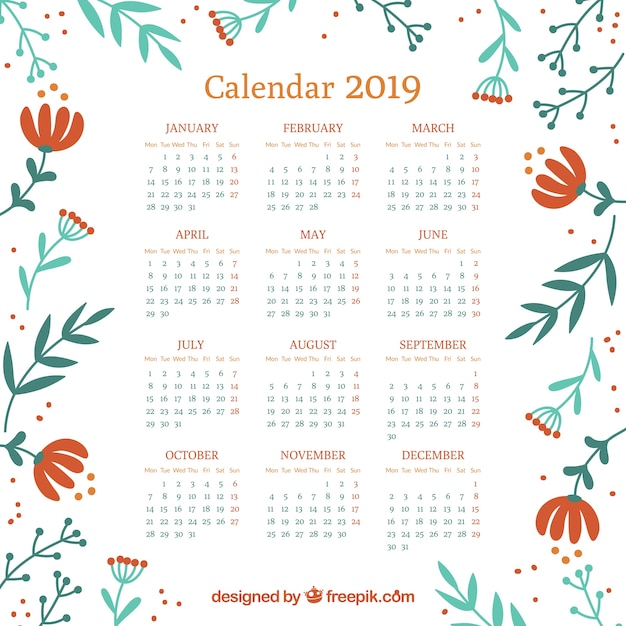 Kalender 2019 mit blumenelementen