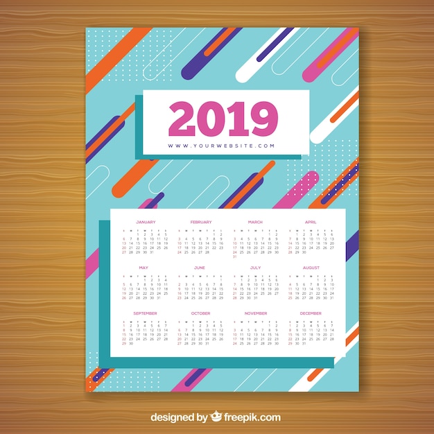 Kostenloser Vektor kalender für 2019 im memphis-stil