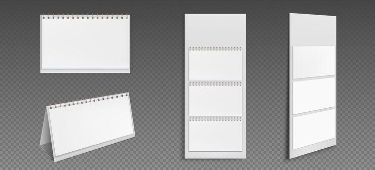 Kostenlose Vektor kalender mit leeren seiten und ordner. vorder- und seitenansicht des desktop- und tapetenkalenders. agenda, almanachschablone lokalisiert auf transparentem hintergrund. realistische 3d-illustration, eingestellt