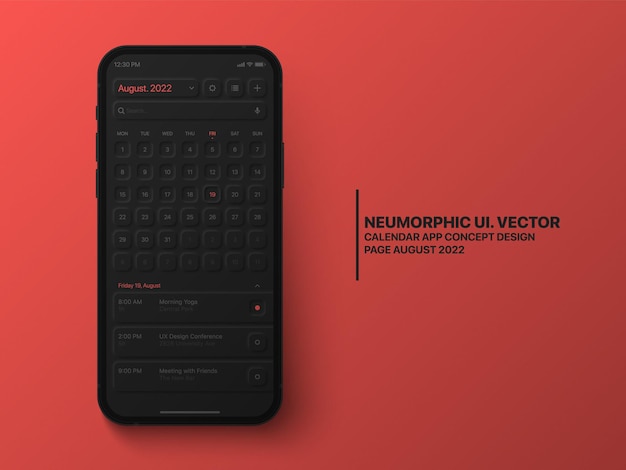 Kalender mobile app august 2022 konzeptionelle benutzeroberfläche neumorphes design dunkler modus auf fotorealistischem telefonmodell auf abstraktem rotem hintergrund. handy-business-planner-anwendung in schwarzer version