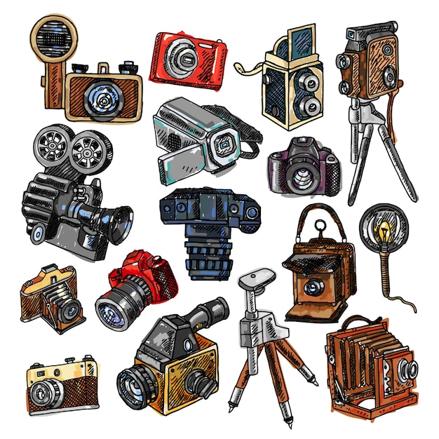 Kostenloser Vektor kamera doodle sketch icons set