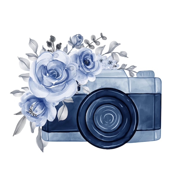 Kamera mit dunkelblauer illustration der aquarellblumen