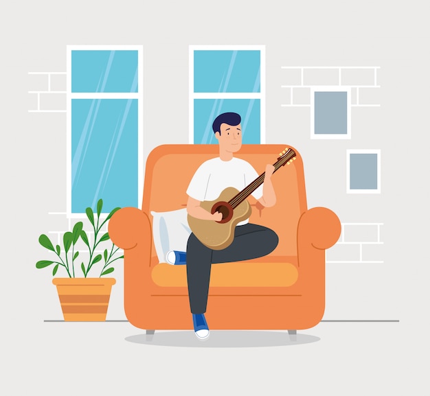 Kostenloser Vektor kampagne bleiben zu hause mit mann im wohnzimmer gitarre spielen