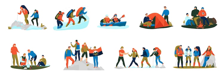 Kostenlose Vektor kampierende wandernde trekkingtouren bunte kompositionen eingestellt mit zelt lagerfeuer bergsteigen bootfahrende touristen lokalisierte vektorillustration