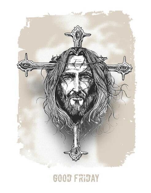 Karfreitag und Ostern Jesus Gesicht auf der Kreuzskizze Vektorillustration