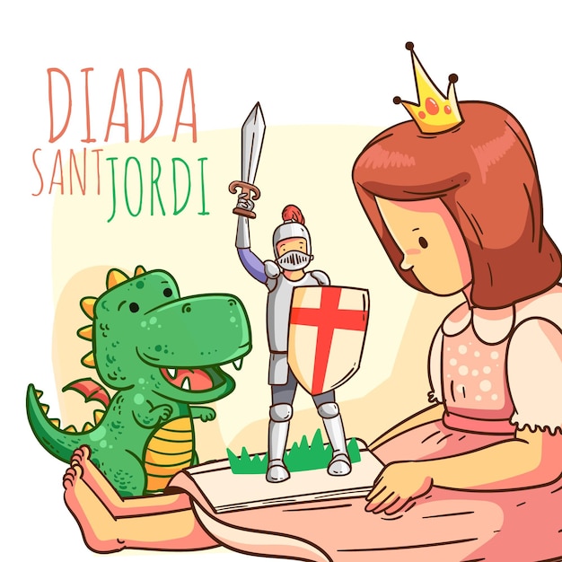 Kostenloser Vektor karikatur diada de sant jordi illustration mit ritter, drache und prinzessin