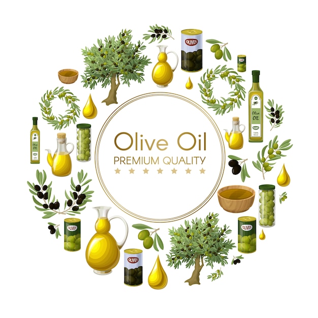 Kostenloser Vektor karikatur natürliches olivenöl runde zusammensetzung mit olivenbäumen kränze zweige gläser dosen flaschen schalen tropfen isoliert
