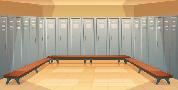Karikaturhintergrund mit reihen von einzelnen schließfächern, leere umkleidekabine mit geschlossenem metall