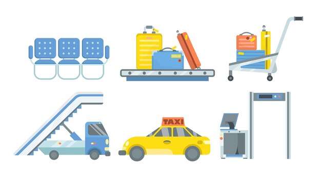 Karikaturillustrationssatz der flughafenterminalelemente. Taxi, Metallsuchbogen, Gepäckförderband, Warteraum, Handgepäckwagen, Gabelstapler. Ankunft, Fluggesellschaft, Transportkonzept