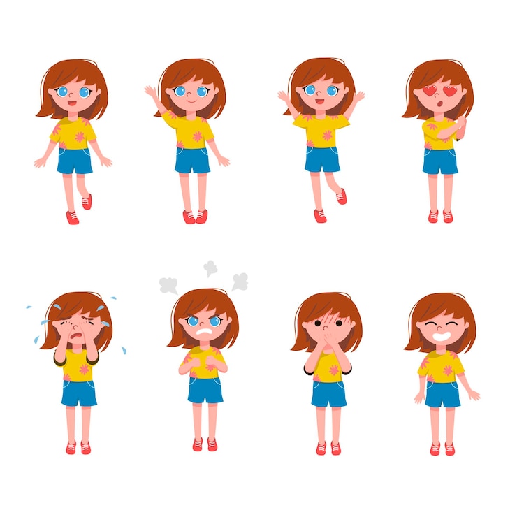 Kostenlose Vektor karikaturillustrationssatz nettes kleines mädchengesichtsgefühle und -ausdrücke. kinderfigur, die traurigkeit, wut, glück, überraschung, schock, liebe ausdrückt
