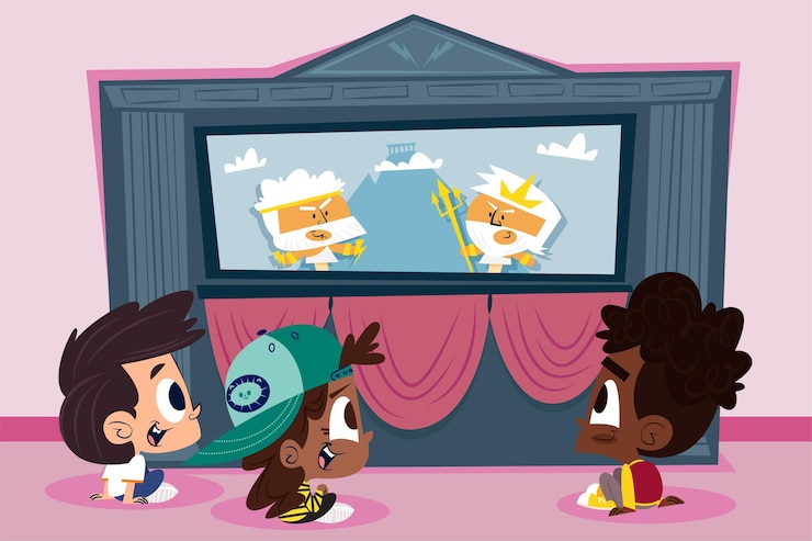 Kostenlose Vektor karikaturkinder, die puppenspiel ansehen