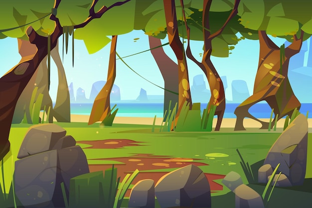Karikaturlandschaft mit Wald- und Meerblick, Landschaftshintergrund, natürlichen Bäumen, Moos auf Stämmen und Felsen im Ozean