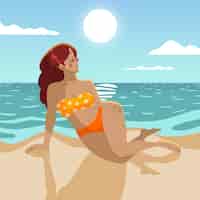 Kostenloser Vektor karikaturmädchen im bikini auf der strandillustration