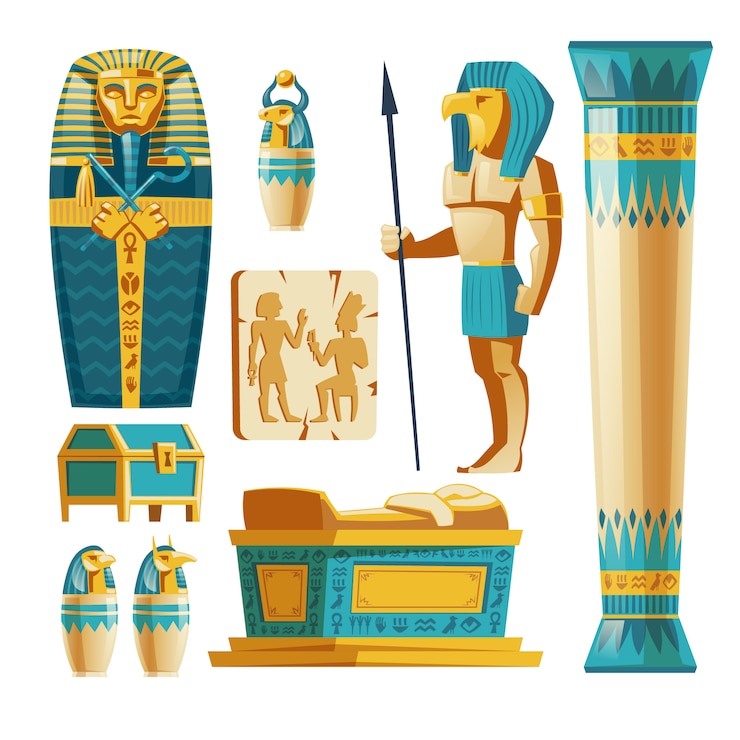 Kostenlose Vektor karikatursatz alte ägypten-gegenstände lokalisiert auf hintergrund.