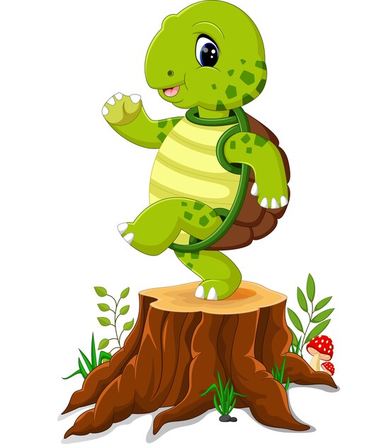 Karikaturschildkrote Die Auf Baumstumpf Aufwirft Premium Vektor