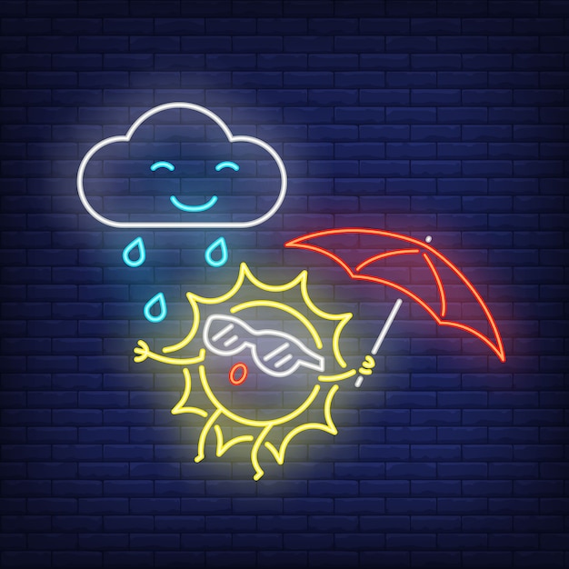 Kostenloser Vektor karikatursonne mit regenschirm- und regenleuchtreklame. netter charakter auf backsteinmauer